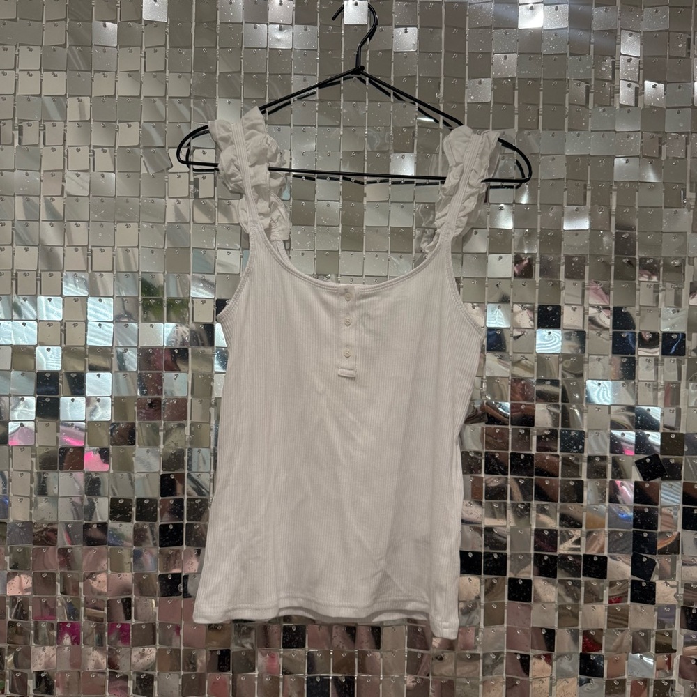 J.Crew White Ribbed Ruffle Tank Top | Button Detail NWT
